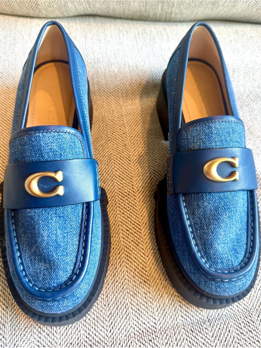 Coach Kids Blue Denim Loafers with Gold C Accent